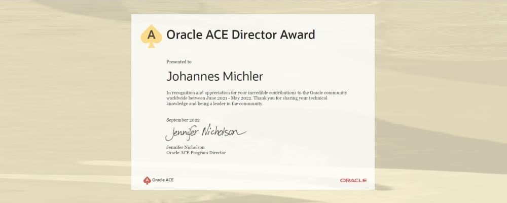 Oracle ACE Director Award for Johannes Michler!